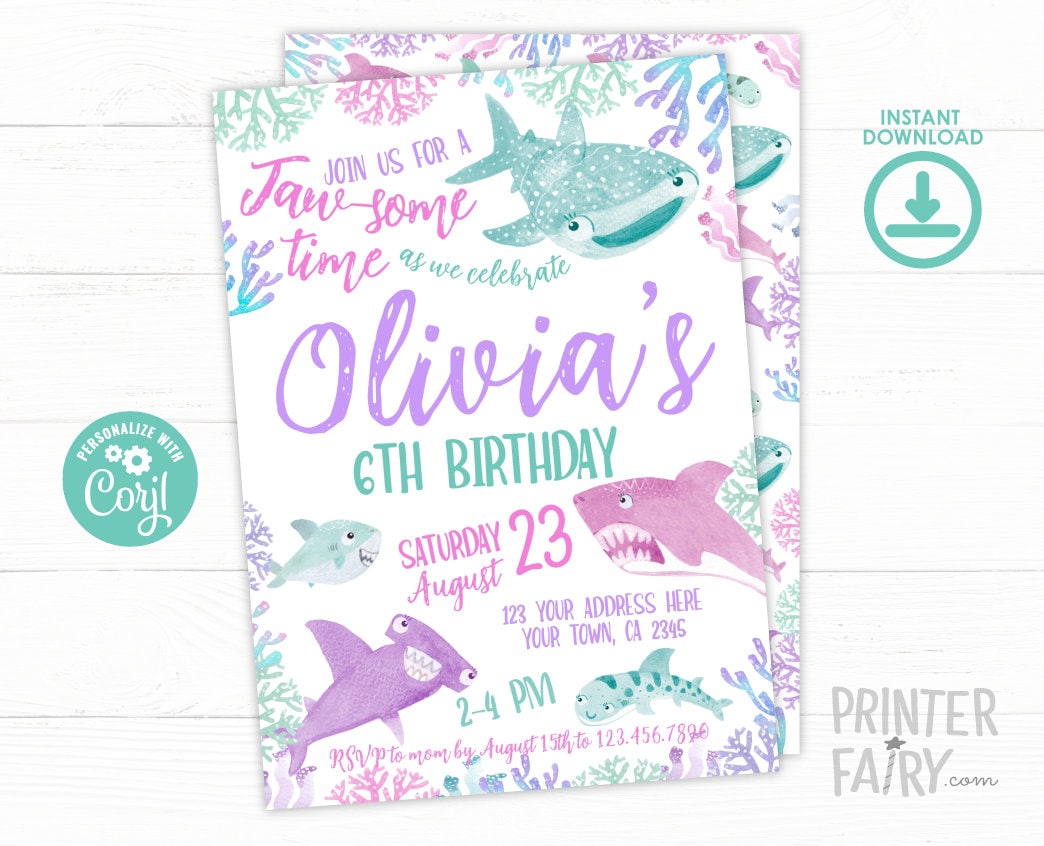 Shark Girl Birthday Invitation, Under the Sea, Editable (Digital Download)