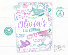 Shark Girl Birthday Invitation, Under the Sea, Editable (Digital Download)