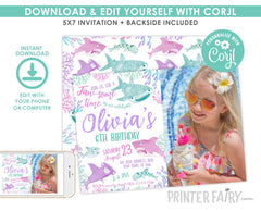 Shark Girl Birthday Invitation, Under The Sea, Photo Editable (Digital Download)