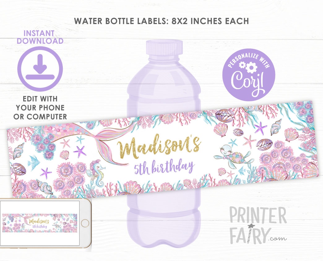 Editable Mermaid Birthday Party Water Bottle Labels (Instant Download)