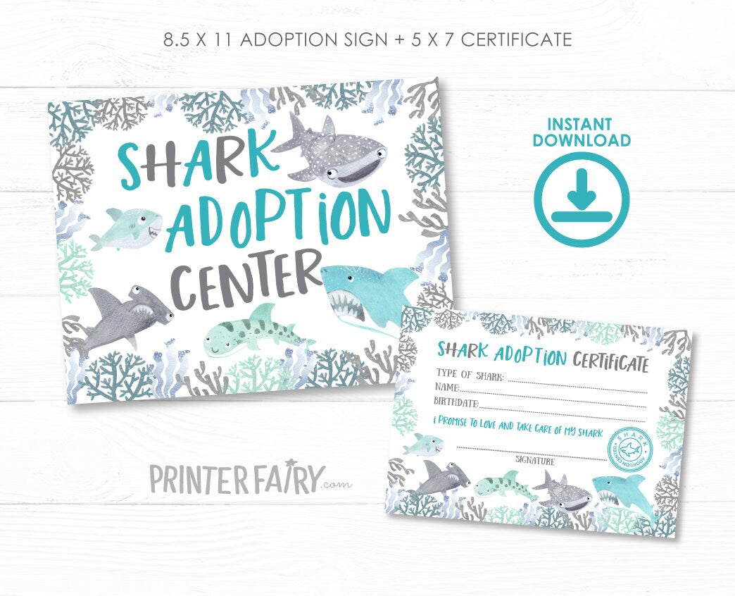 Shark Adoption Center Sign and Certificates, Birthday Party Printables (Instant Download)