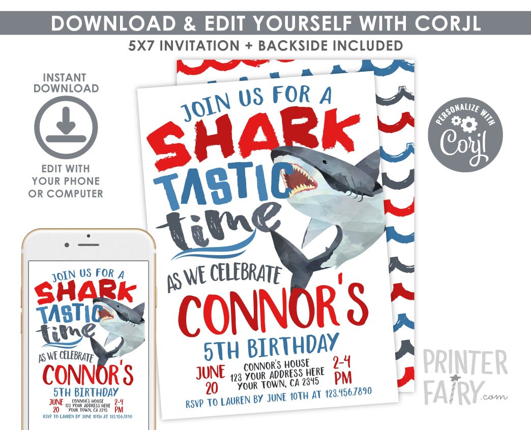 Editable Shark Birthday Invitation, Pool Party Invite (Instant Download)