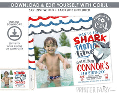 Shark Birthday Invitation with Photo Editable Tmplate, Pool Party Invite (INSTANT DOWNLOAD)