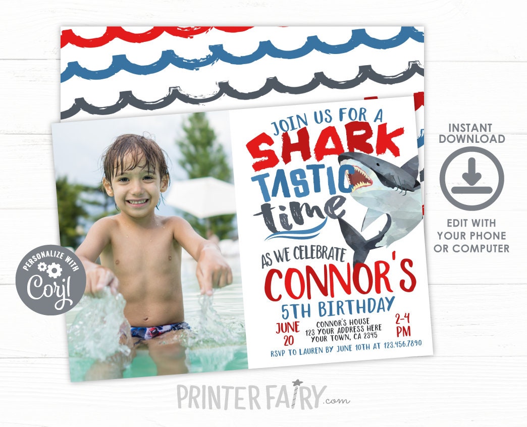 Shark Birthday Invitation with Photo Editable Tmplate, Pool Party Invite (INSTANT DOWNLOAD)