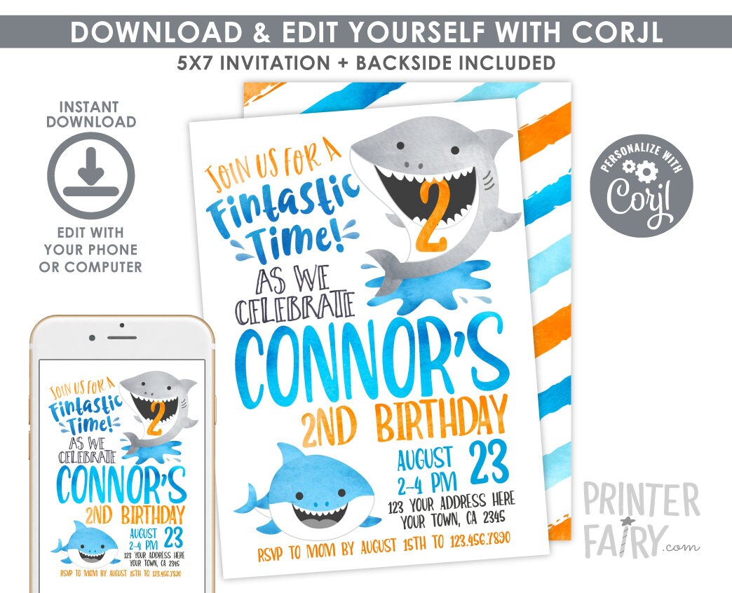 Editable Shark Birthday Invitation for any age, Pool Party Invite (Digital Download)