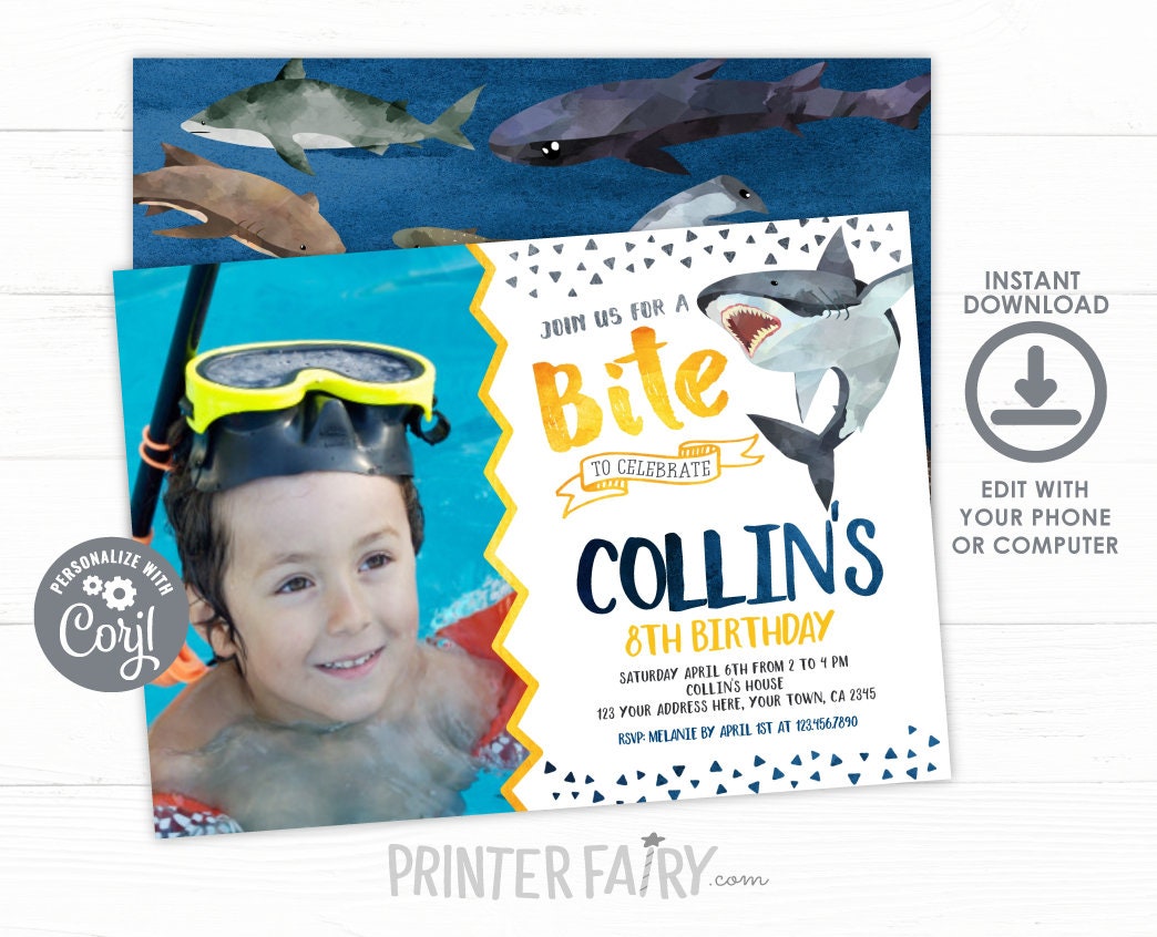 Shark Birthday Invitation with Photo, Editable Digital Invite (Instant Download)
