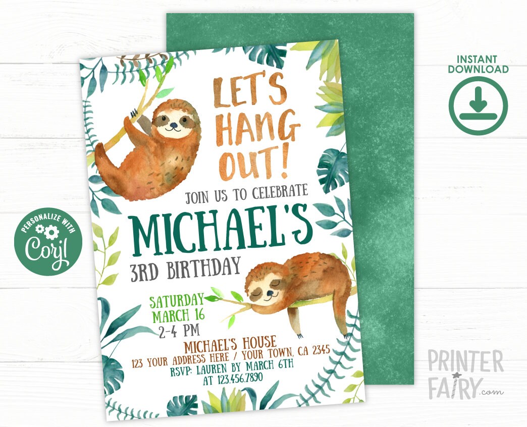 Sloth Birthday Invitation Editable Template, Jungle Theme, Digital Instant Download
