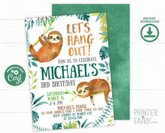Sloth Birthday Invitation Editable Template, Jungle Theme, Digital Instant Download