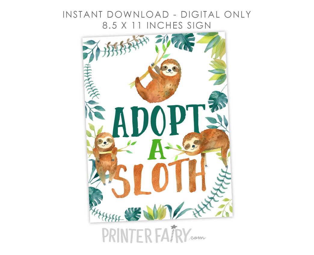 Sloth Adoption Sign & Certificate, Birthday Party Decor (Digital Download)