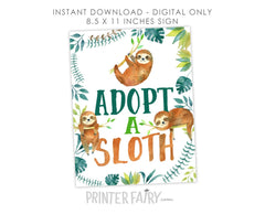 Sloth Adoption Sign & Certificate, Birthday Party Decor (Digital Download)