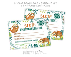 Sloth Adoption Sign & Certificate, Birthday Party Decor (Digital Download)