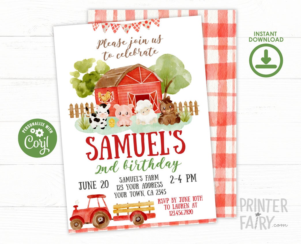 Farm Birthday Party Invitation EDITABLE Template, INSTANT DOWNLOAD