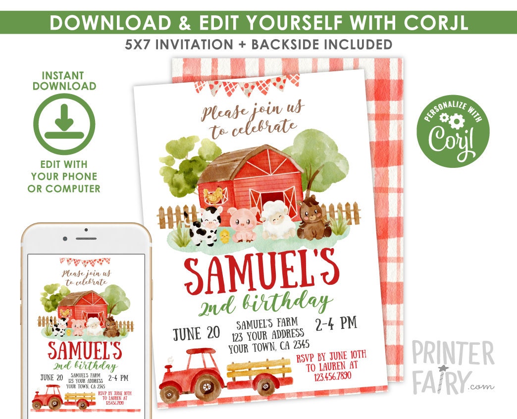 Farm Birthday Party Invitation EDITABLE Template, INSTANT DOWNLOAD