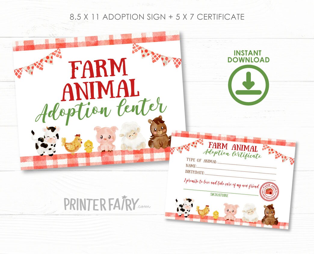 Farm Animal Adoption Sign & Certificate, Barnyard Birthday (Digital Download)