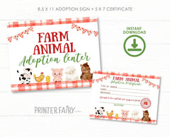 Farm Animal Adoption Sign & Certificate, Barnyard Birthday (Digital Download)