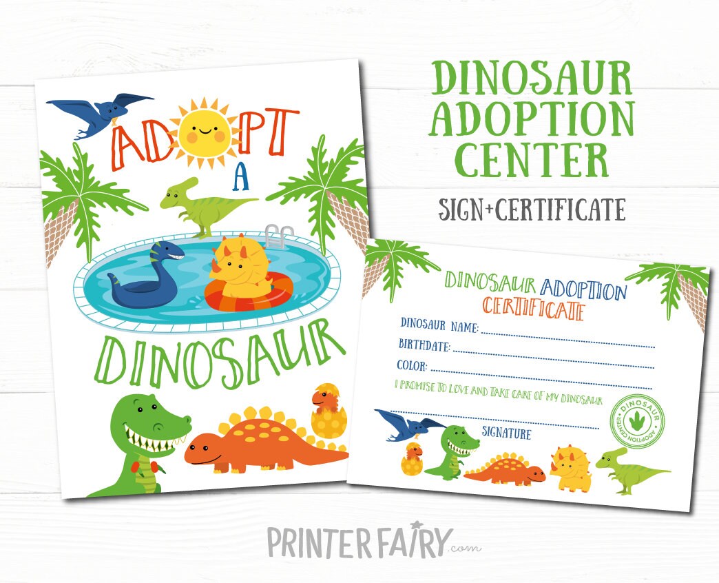 Dinosaur Adoption Sign and Certificate, Pool Party (Instant Download)