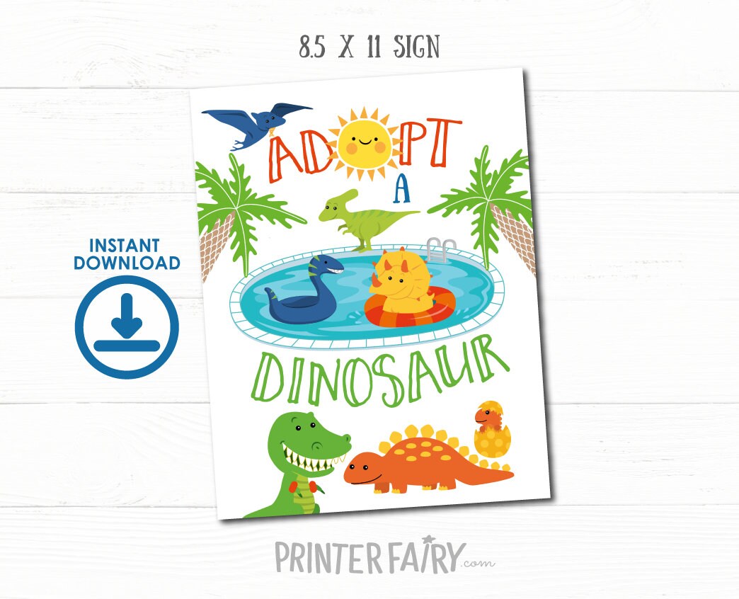 Dinosaur Adoption Sign and Certificate, Pool Party (Instant Download)