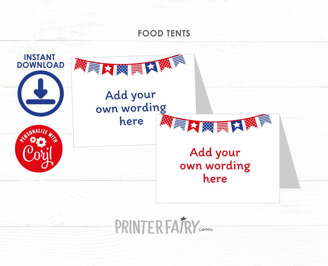 Editable 4th of July Food Tents, Independence Day Place Cards (Instant Download)
