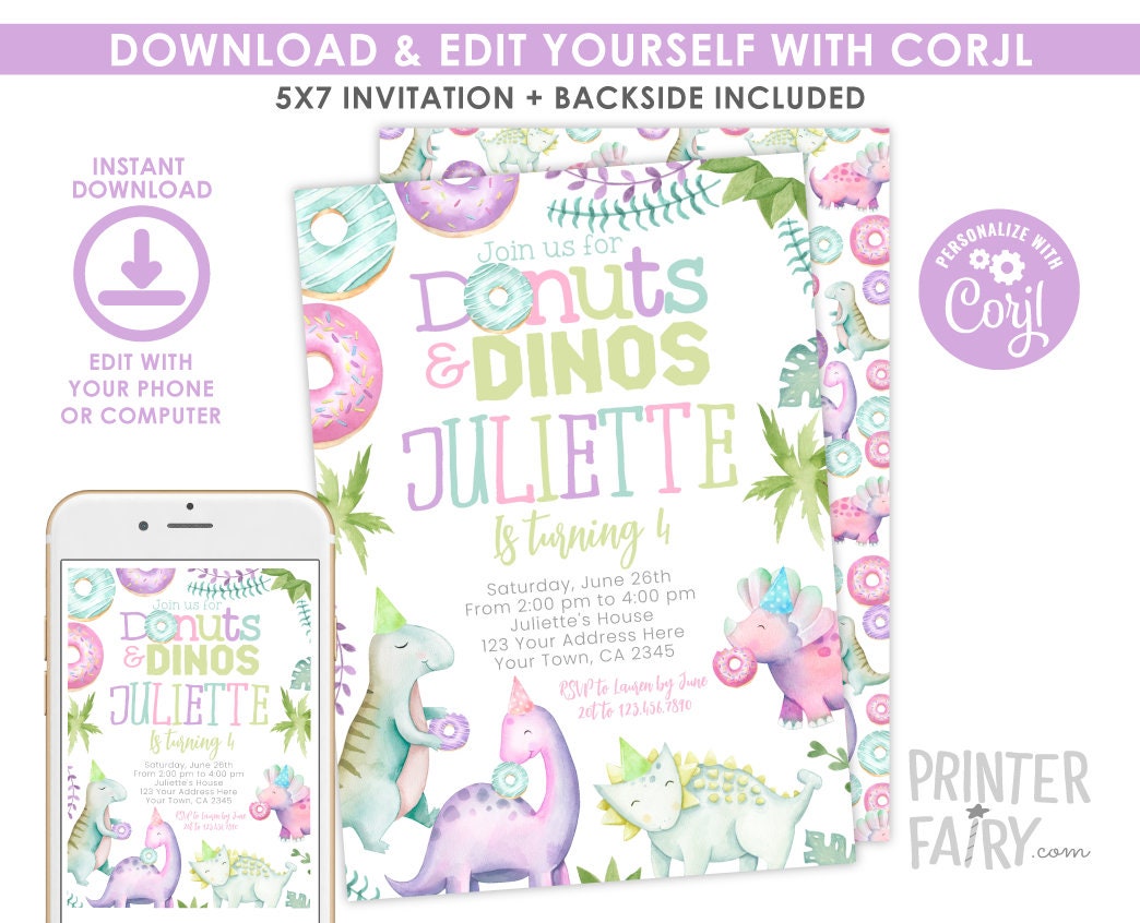 Donuts and Dinos Birthday Invitation, Editable Girl Party (Instant Download)