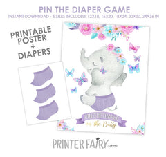 Elephant Baby Shower Pin the Diaper Game, Digital Printable Instant Download