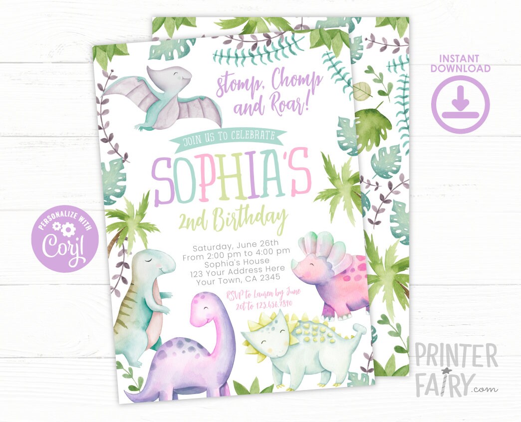 Editable Dinosaur Girl Birthday Invitation (Instant Download)