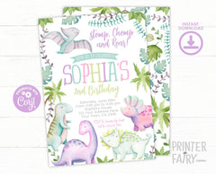 Editable Dinosaur Girl Birthday Invitation (Instant Download)