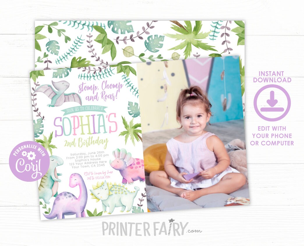 Dinosaur Girl Birthday Invitation with Photo, Editable (Instant Download)