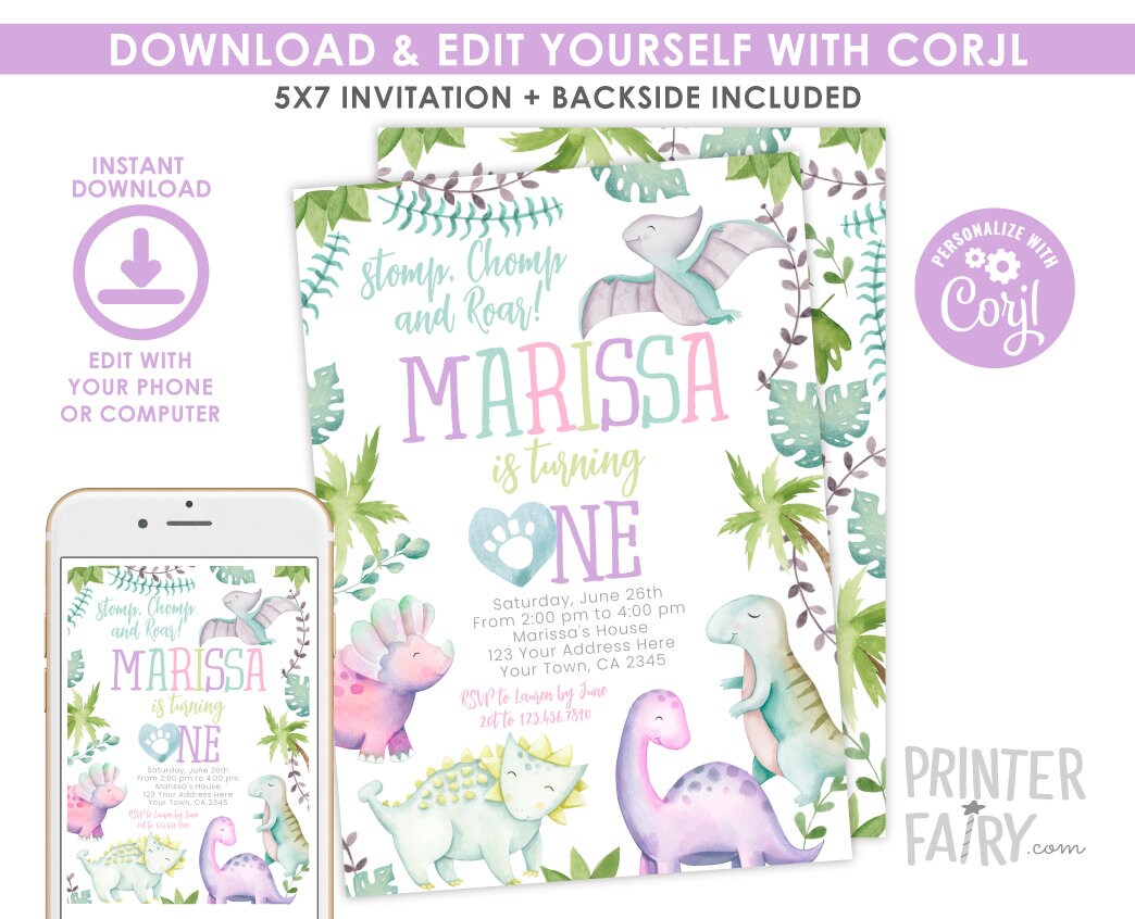 Dinosaur Girl First Birthday Invitation, Editable (Instant Download)