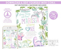 Dinosaur Girl First Birthday Invitation, Editable (Instant Download)