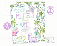 Dinosaur Girl First Birthday Invitation, Editable (Instant Download)