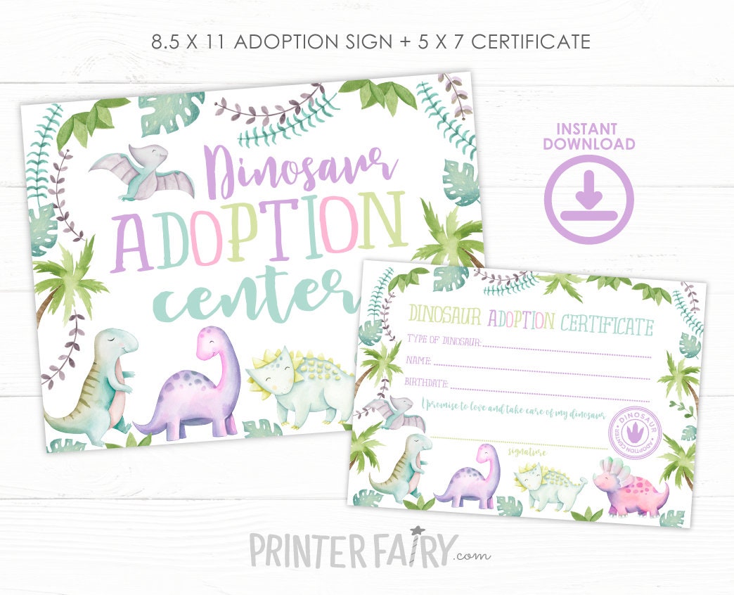Dinosaur Adoption Birthday Party, Sign and Certificate (Digital Download)