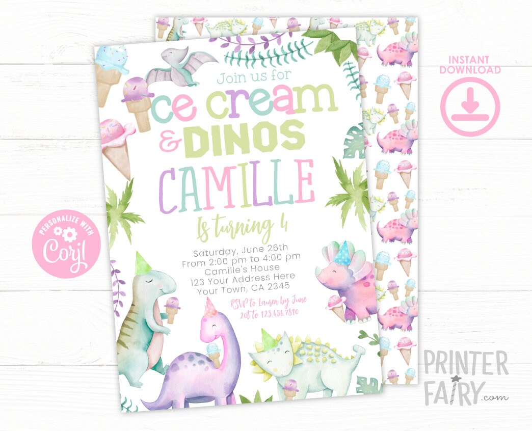 Ice Cream Dinos Birthday Invitation, Girl Dinosaur Party (EDITABLE, Instant Download)