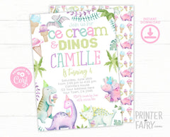 Ice Cream Dinos Birthday Invitation, Girl Dinosaur Party (EDITABLE, Instant Download)