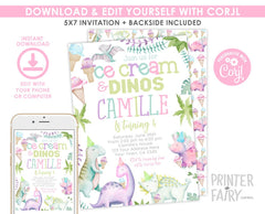Ice Cream Dinos Birthday Invitation, Girl Dinosaur Party (EDITABLE, Instant Download)