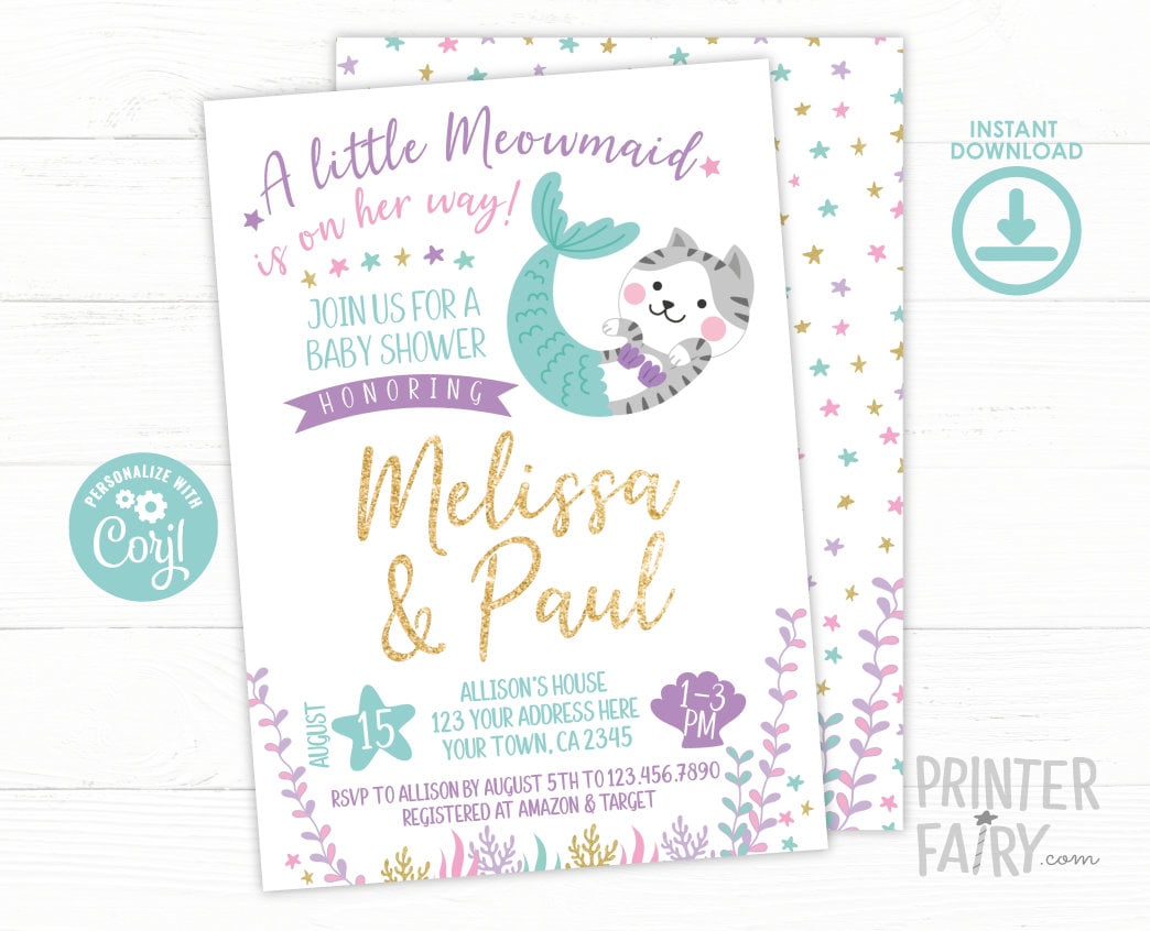 Meowmaid Baby Shower Invitation, Editable Kitty Cat Mermaid (INSTANT DOWNLOAD)