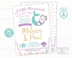 Meowmaid Baby Shower Invitation, Editable Kitty Cat Mermaid (INSTANT DOWNLOAD)