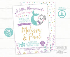 Meowmaid Baby Shower Invitation, Editable Kitty Cat Mermaid (INSTANT DOWNLOAD)
