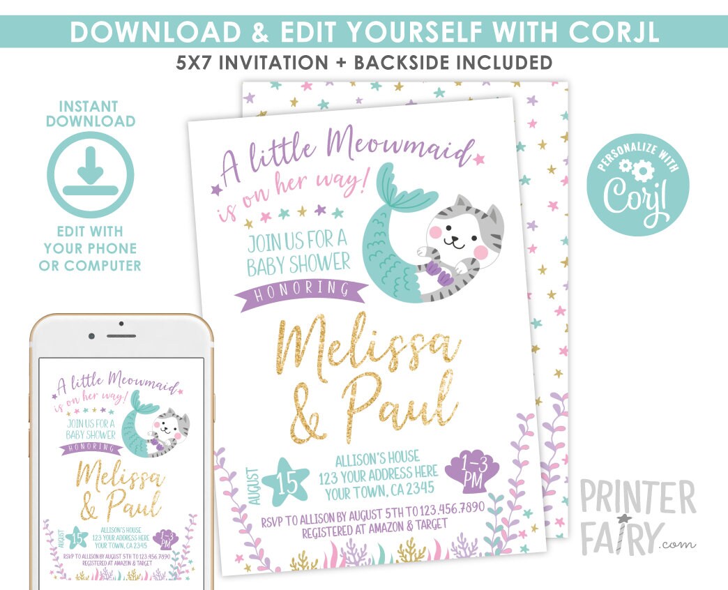 Meowmaid Baby Shower Invitation, Editable Kitty Cat Mermaid (INSTANT DOWNLOAD)