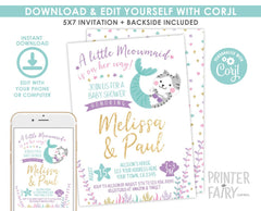 Meowmaid Baby Shower Invitation, Editable Kitty Cat Mermaid (INSTANT DOWNLOAD)