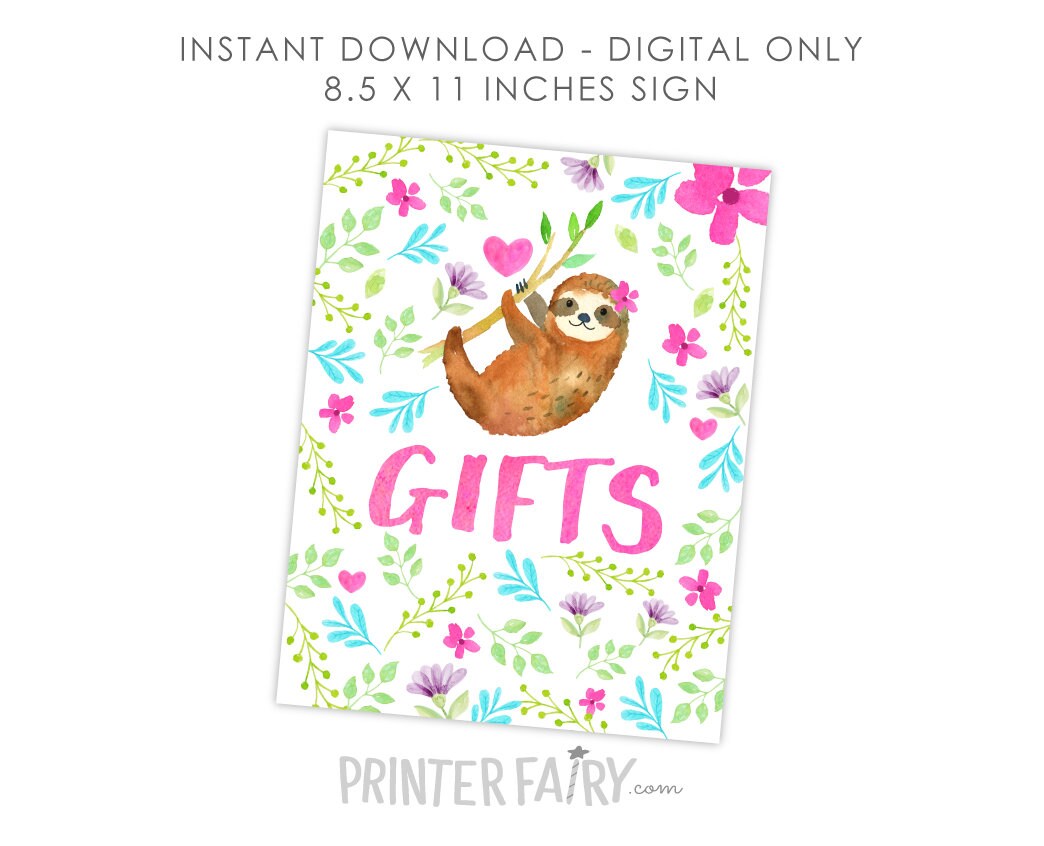 Sloth Gifts Sign, Birthday Party Decor (Instant Download)