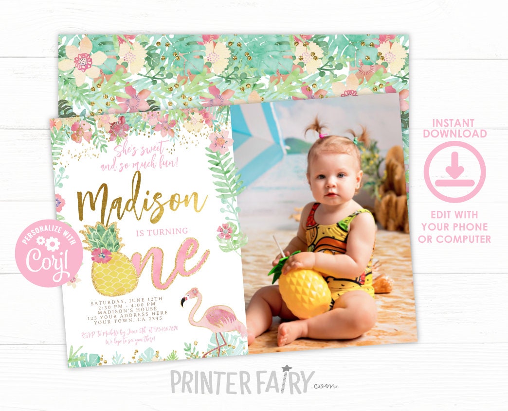 Flamingo First Birthday Invitation with Photo, Tropical Pineapple (INSTANT DOWNLOAD)