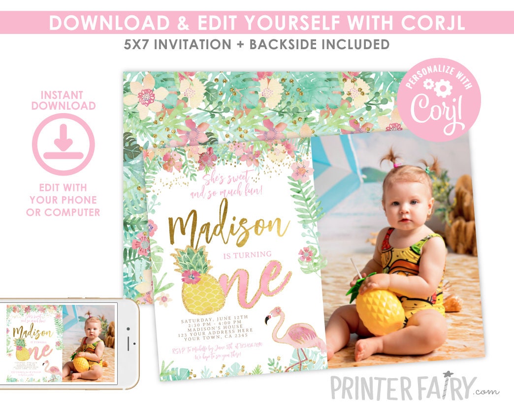 Flamingo First Birthday Invitation with Photo, Tropical Pineapple (INSTANT DOWNLOAD)