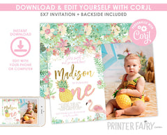 Flamingo First Birthday Invitation with Photo, Tropical Pineapple (INSTANT DOWNLOAD)