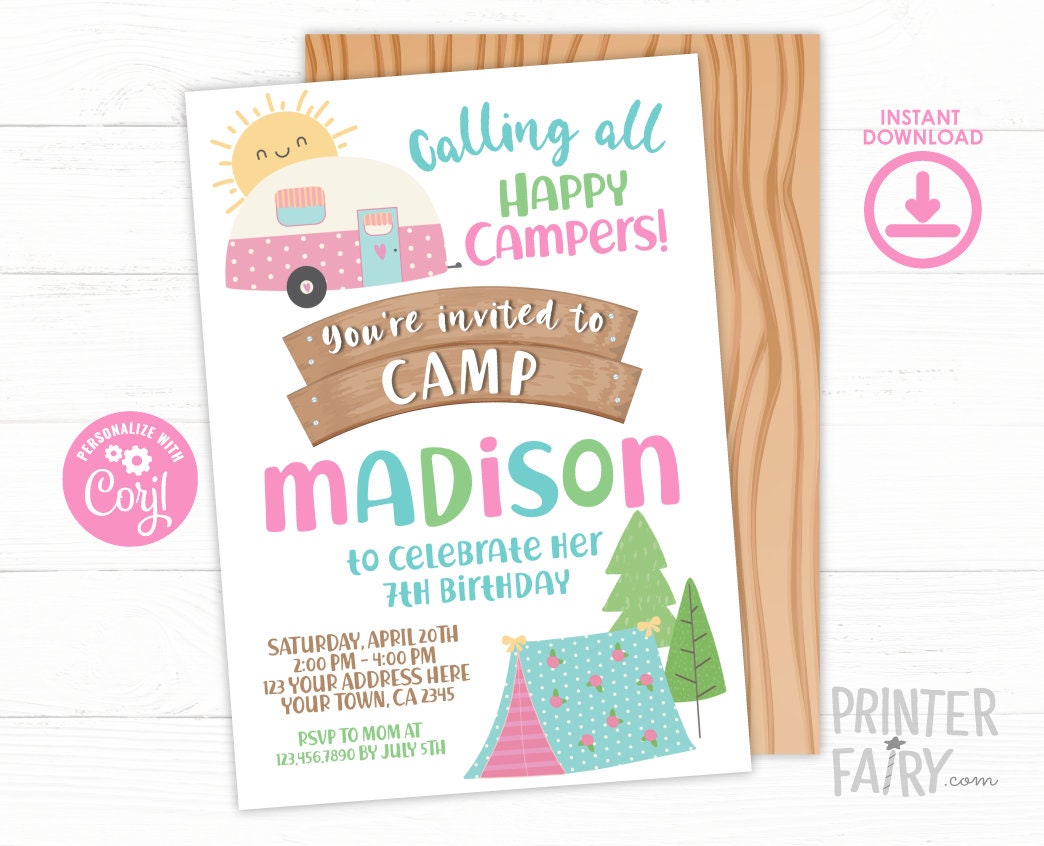 Camping Birthday Invitation Editable Template, Happy Camper Party, Instant Download