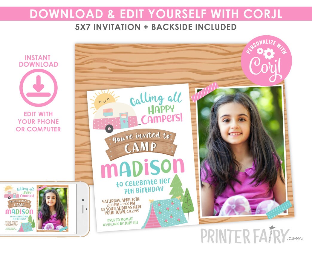 Happy Camper Photo Birthday Invitation Editable Template (Instant Download)