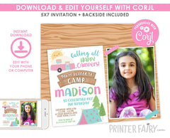 Happy Camper Photo Birthday Invitation Editable Template (Instant Download)