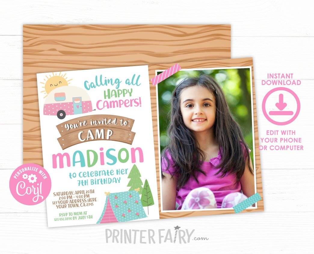 Happy Camper Photo Birthday Invitation Editable Template (Instant Download)