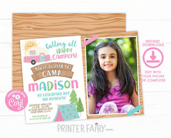 Happy Camper Photo Birthday Invitation Editable Template (Instant Download)