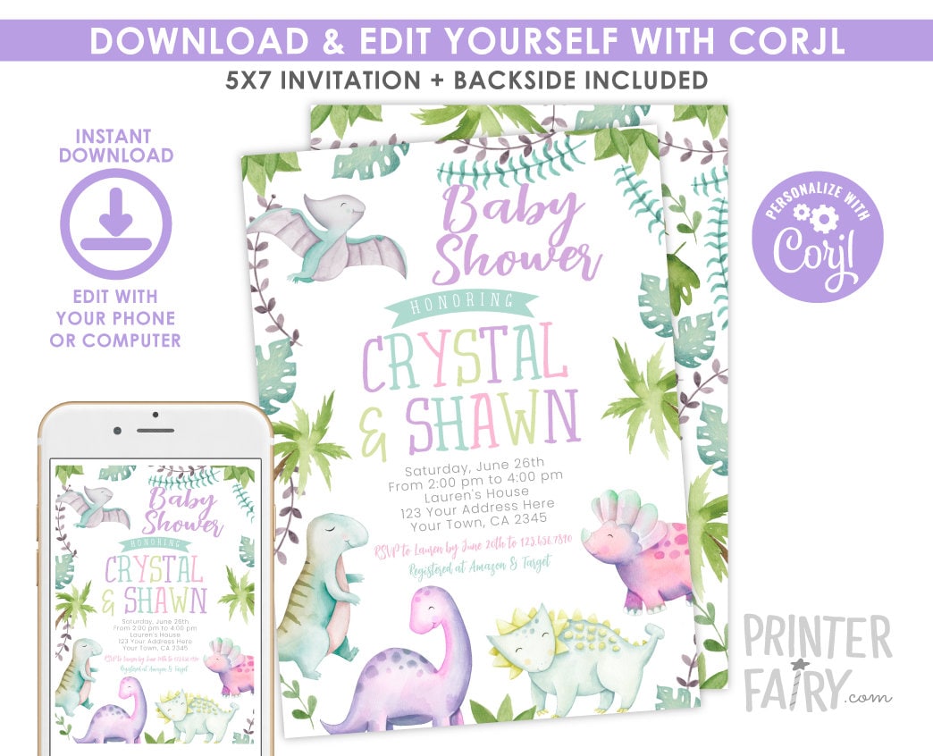 Dinosaur Girl Baby Shower Invitation, Editable (Instant Download)