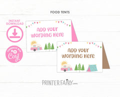 Camping Food Tents Editable Templates, Summer Camp Birthday Party Place Cards, Instant Download